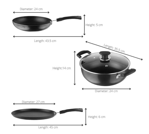 Vinod Hanos Non Stick Cookware Combo Set of 3 | 3.1 litre Kadhai and 24cm Frypan with Common Glass Lid, 27cm Dosa Tawa | Scratch Proof | Induction & Gas Base | 2 Year Warranty - Image 2